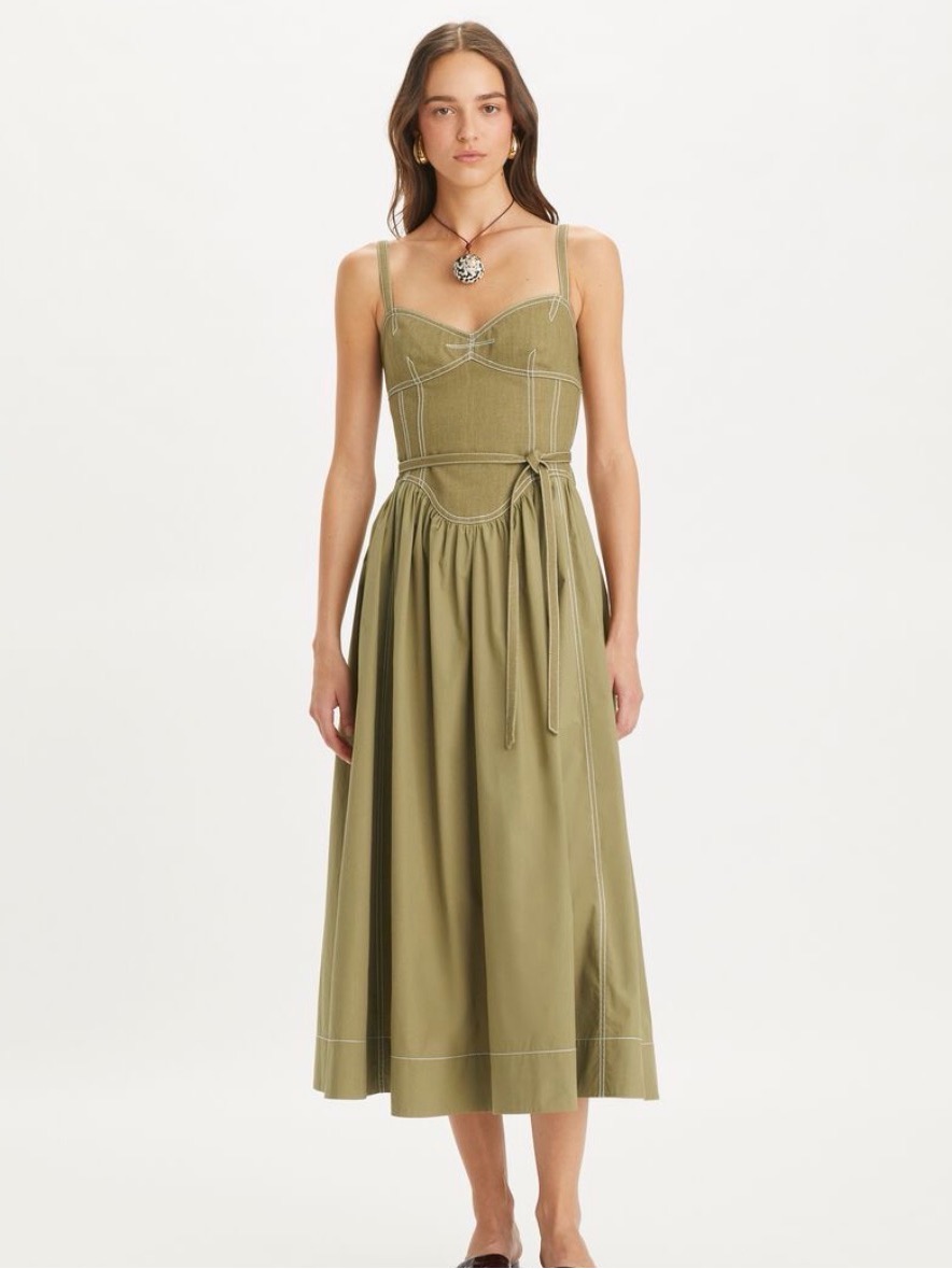 Tory Burch Olive Green Cotton Twill Dress With Tie-Strap Bodice